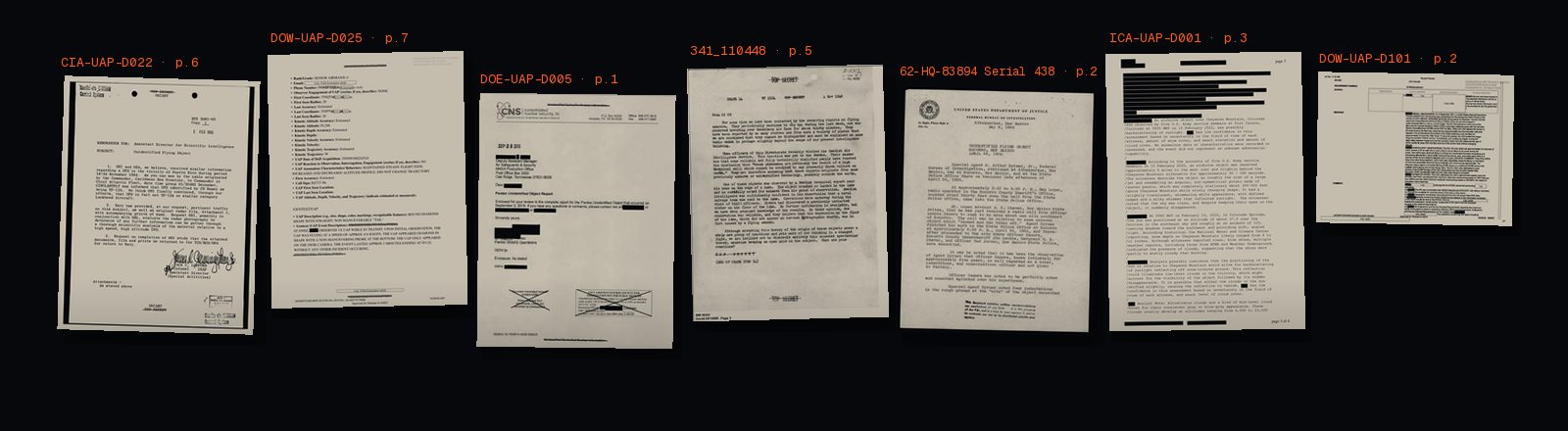 Montage of pages from the declassified PURSUE documents, labelled with their IDs: CIA-UAP-D022, DOW-UAP-D025, DOE-UAP-D005, 341_110448, 62-HQ-83894 Serial 438, ICA-UAP-D001, DOW-UAP-D101.